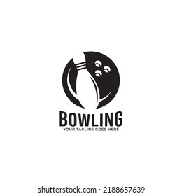 Vector vintage monochrome style bowling logo, icon, symbol. Bowling ball and bowling pins illustration. Trendy design elements, isolated on white background.