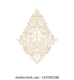 Vector vintage monoline decoration for design template. Ornate element in Eastern style. Golden outline floral decor. Luxury contour illustration for invitation, greeting card, web, background.