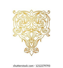 Vector vintage monoline decoration for design template. Ornate element in Victorian style. Golden outline floral decor. Luxury contour illustration for invitation, greeting card, web, background.