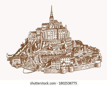 Vectorvintage Mont Saint-Michel Insel, grafische Burg. Frankreich