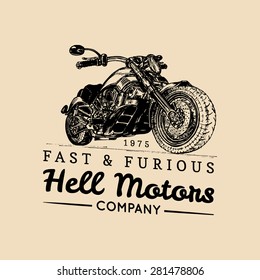 Vector vintage motorcycle logo. Biker store icon, MC sign, custom garage poster or banner. Vintage illustration of hand drawn classic chopper in ink style.