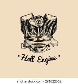 Vector vintage motorcycle repair logo with engine. Retro hand sketched garage label. Custom chopper store emblem. Hell Engine biker club sign.