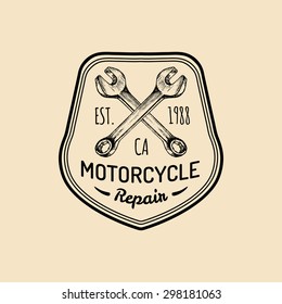 Vector Vintage Motorcycle Repair Logo. Retro Garage Label With Hand Sketched Wrenches. Custom Chopper Store Emblem. Biker Club Sign.