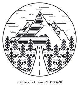 Vector vintage mountains landscape. Line illustration