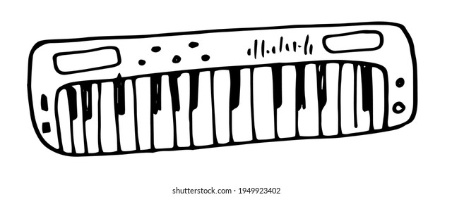 Vector vintage musical keyboard instrument synthesizer hand-drawn in doodle style with a black line on a white background for a template of a design. isolated musical element