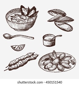 Vector vintage mussel set drawing. Hand-drawn mussel. Vector Illustration. Template for design seafood shop or restaurant.