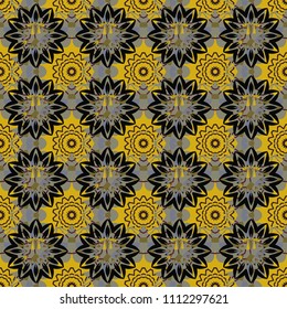 Vector vintage natural pattern. Design for cloth, wallpaper, gift wrapping. Seamless background with cute simple flowers in gray, yellow and black colors. Print for silk, calico and home textiles.