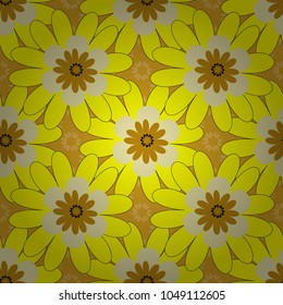 Vector vintage natural pattern. Print for silk, calico and home textiles. Design for cloth, wallpaper, gift wrapping. Seamless background with cute simple flowers in yellow and beige colors.
