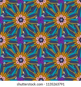 Vector vintage natural pattern. Print for silk, calico and home textiles. Seamless background with cute simple flowers in violet, blue and brown colors. Design for cloth, wallpaper, gift wrapping.