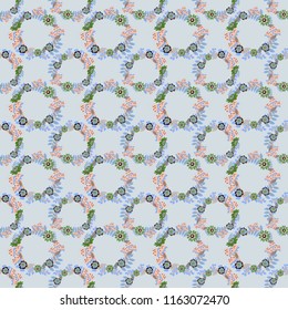 Vector vintage natural pattern. Print for silk, calico and home textiles. Design for cloth, wallpaper, gift wrapping. Seamless background with cute simple flowers in pink, gray and blue colors.