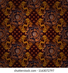 Vector vintage natural pattern. Print for silk, calico and home textiles. Design for cloth, wallpaper, gift wrapping. Seamless background with cute simple flowers in orange, black and brown colors.