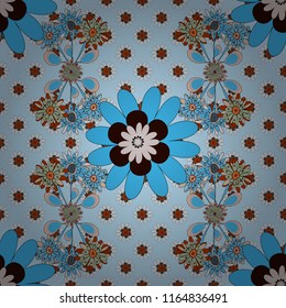 Vector vintage natural pattern. Print for silk, calico and home textiles. Seamless background with cute simple flowers in brown, blue and gray colors. Design for cloth, wallpaper, gift wrapping.
