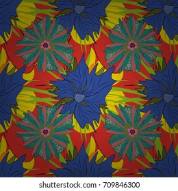Vector vintage natural pattern. Print for silk, calico and home textiles. Design for cloth, wallpaper, gift wrapping. Seamless background with cute simple flowers in green, violet and red colors.