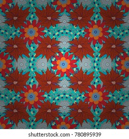 Vector vintage natural pattern. Print for silk, calico and home textiles. Design for cloth, wallpaper, gift wrapping. Seamless background with cute simple flowers in orange, blue and gray colors.