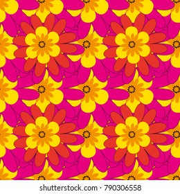 Vector vintage natural pattern. Print for silk, calico and home textiles. Design for cloth, wallpaper, gift wrapping. Seamless background with cute simple flowers in yellow, magenta and red colors.