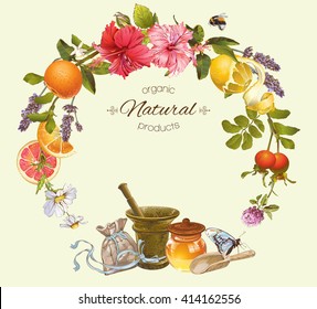 Vector vintage natural round frame with honey, hibiscus,citrus fruits and rose hip.Design for herbal and fruit tea, natural cosmetics,candy, grocery and health care products.Can be used as logo design