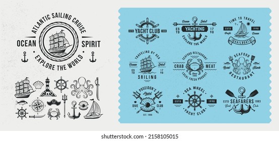 Vector vintage Nautical, Sea logo set. Set of 10 Nautical logo templates and 16 design elements for logo design. Ship, Sailing, Yachting, Seafood restaurant emblems. Trendy vintage hipster design.