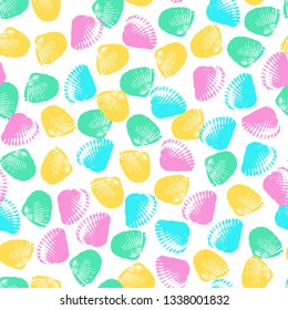 Vector vintage nautical seamless pattern with multicolor imprints of seashells isolated on the white background.