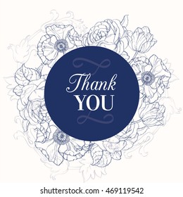 Vector Vintage Navy Blue Vintage Floral Drawing Wedding Thank You Card With Tulips, Poppies, Rozes In Classic Retro  Style Design.