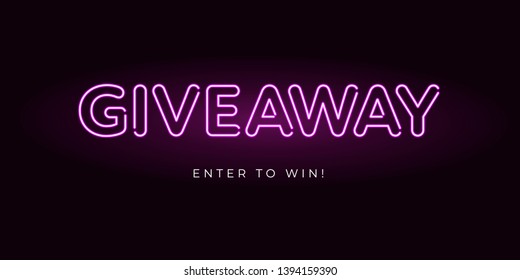Vector vintage neon illuminated giveaway illustration for promotion in social network on black background. Advertising of giving present fo like or repost. Decoration banner for business.