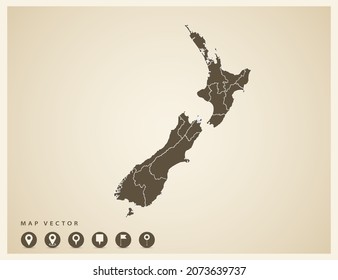 Vector vintage of New Zealand map on old background.