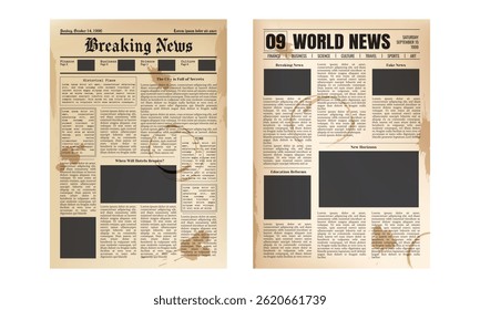 Vector vintage newspaper mockup with coffee cup stains, spots and splashes isolated on transparent background. Old newspaper pages template.