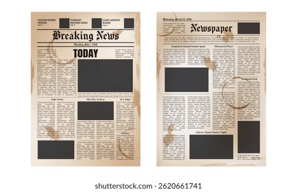 Vector vintage newspaper mockup with coffee cup stains, spots and splashes isolated on transparent background. Old newspaper pages template.