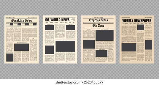Vector vintage newspaper mockup isolated on transparent background. Old newspaper pages template.