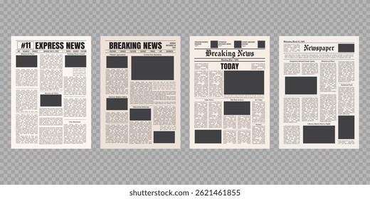 Vector vintage newspaper mockup isolated on transparent background. Old newspaper pages template.