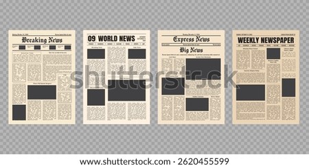 Vector vintage newspaper mockup isolated on transparent background. Old newspaper pages template.
