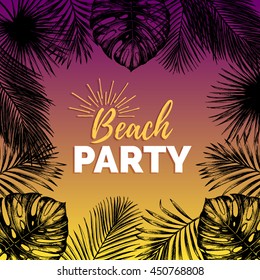 Vector vintage night beach party illustration. Exotic palm leaves background. Hand sketched jungle foliage poster. Tropic plants frame.