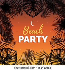 Vector vintage night beach party illustration. Exotic palm leaves background. Hand sketched jungle foliage poster. Tropic plants frame.