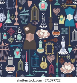 vector vintage objects seamless pattern. It can be used for wallpaper, fabric design, cover, wrapping paper, banner, card, background, pattern fills, web page backgrounds, surface textures.