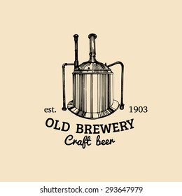 Vector vintage old brewery logo. Kraft beer icon. Lager retro sign. Hand sketched kettle illustration. Ale label or badge.