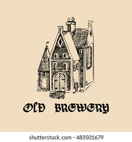 Vector vintage old brewery logo. Hand drawn beer symbol. Illustration with lettering gothic font for fest posters, labels or badges.