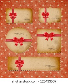 Vector vintage old paper die-cut cardboard greeting cards with silky bows over dotted background