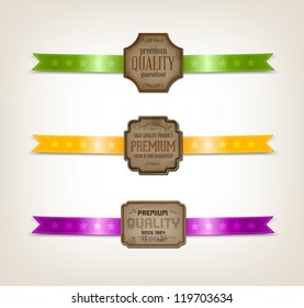 Vector vintage old paper tags / labels collection decorated with satin ribbons "Premium quality"