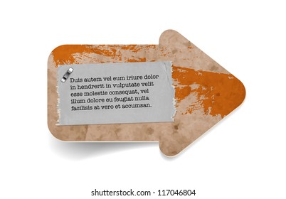 Vector vintage old paper textured arrow with orange hand painted brush strokes watercolor background and torn paper sticker