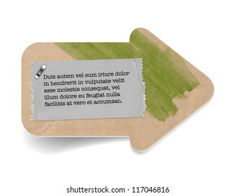 Vector vintage old paper textured arrow with green hand painted brush strokes watercolor background and torn paper sticker