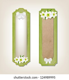 Vector vintage old paper textured greeting cards / banners collection decorated with small white lilies and silky ribbon bow knots