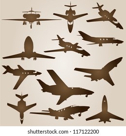 Vector vintage old set of brown planes drawings on a beige background. It is a group or collection of aircrafts ideal for grungy, travel, flight,transport,retro,antique,business or commercial designs