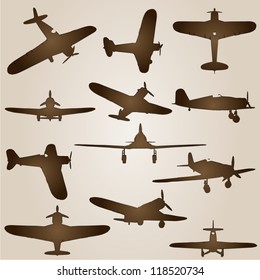 Vector vintage old set of brown planes drawings on a beige background. It is a group or collection of aircrafts ideal for grungy, travel, flight,transport,retro,antique,business or commercial designs