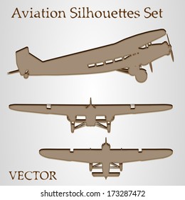 Vector vintage old set of brown planes drawings on a beige background. It is a group or collection of aircrafts ideal for grungy, travel, flight, transport,retro,antique,business or commercial designs