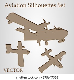 Vector vintage old set of brown planes drawings on beige background, a group or collection of aircrafts ideal for grungy, travel, flight, transport, retro, antique, business or commercial designs
