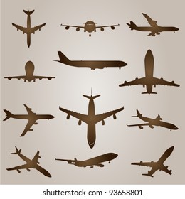 Vector vintage old set of brown planes drawings on a beige background. It is a group or collection of aircrafts ideal for grungy, travel, flight,transport,retro,antique,business or commercial designs