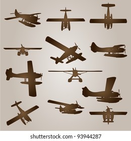 Vector vintage old set of brown planes drawings on a beige background. It is a group or collection of aircrafts ideal for grungy, travel, flight,transport,retro,antique,business or commercial designs