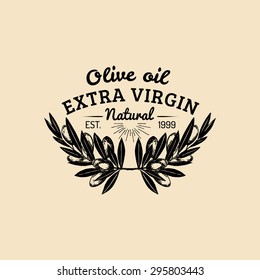 Vector vintage olive logo. Retro emblem with branches. Hand sketched natural extra virgin oil production sign.