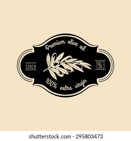 Vector vintage olive logo. Retro emblem with branch. Hand sketched extra virgin oil production sign.