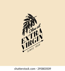 Vector vintage olive logo. Retro emblem with branch. Hand sketched extra virgin oil production sign.