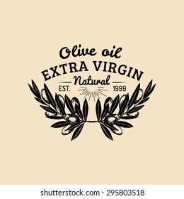 Vector vintage olive logo. Retro emblem with branches. Hand sketched natural extra virgin oil production sign.